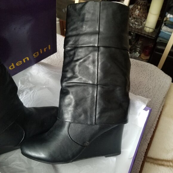 NWOT MADDEN GIRL BLACK WEDGE TALL BOOTS - Picture 8 of 8